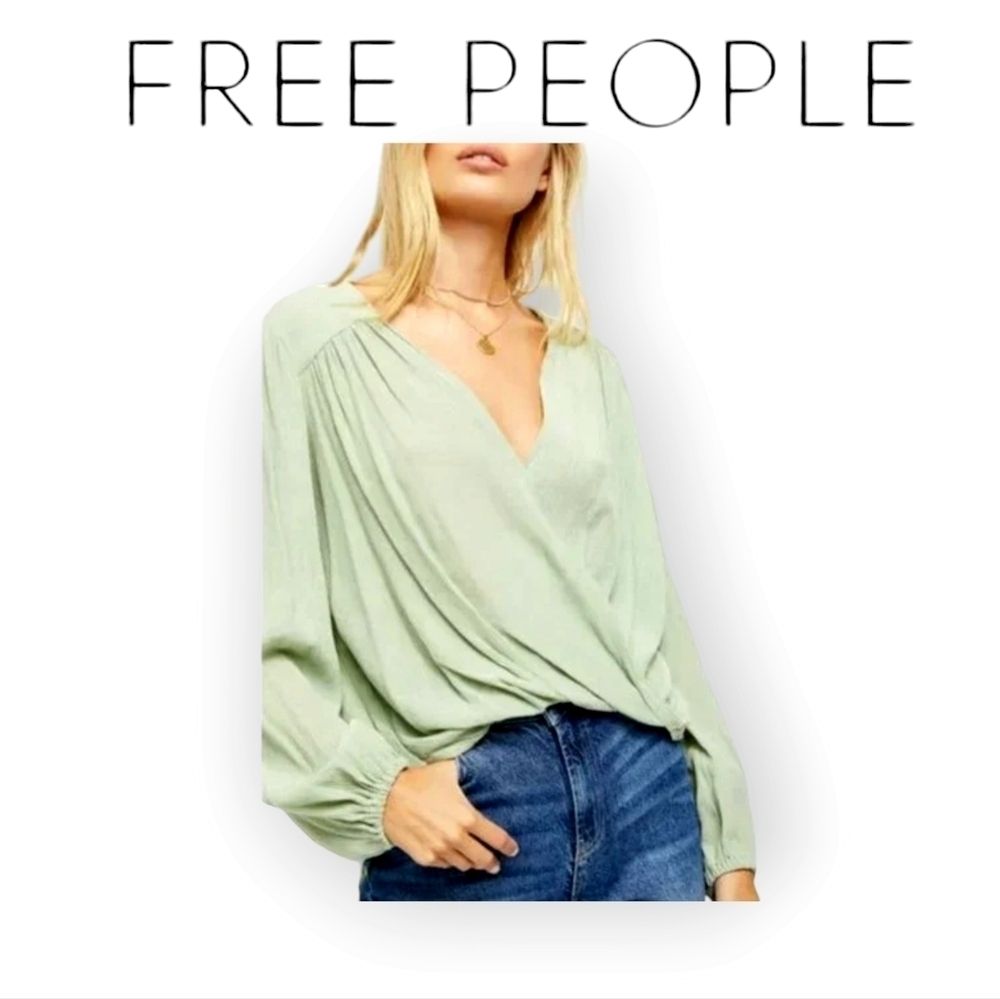 Free People Xs Nwt Long Sleeve Wrap Top Frosted Fern Surplice V-Neck Blouse